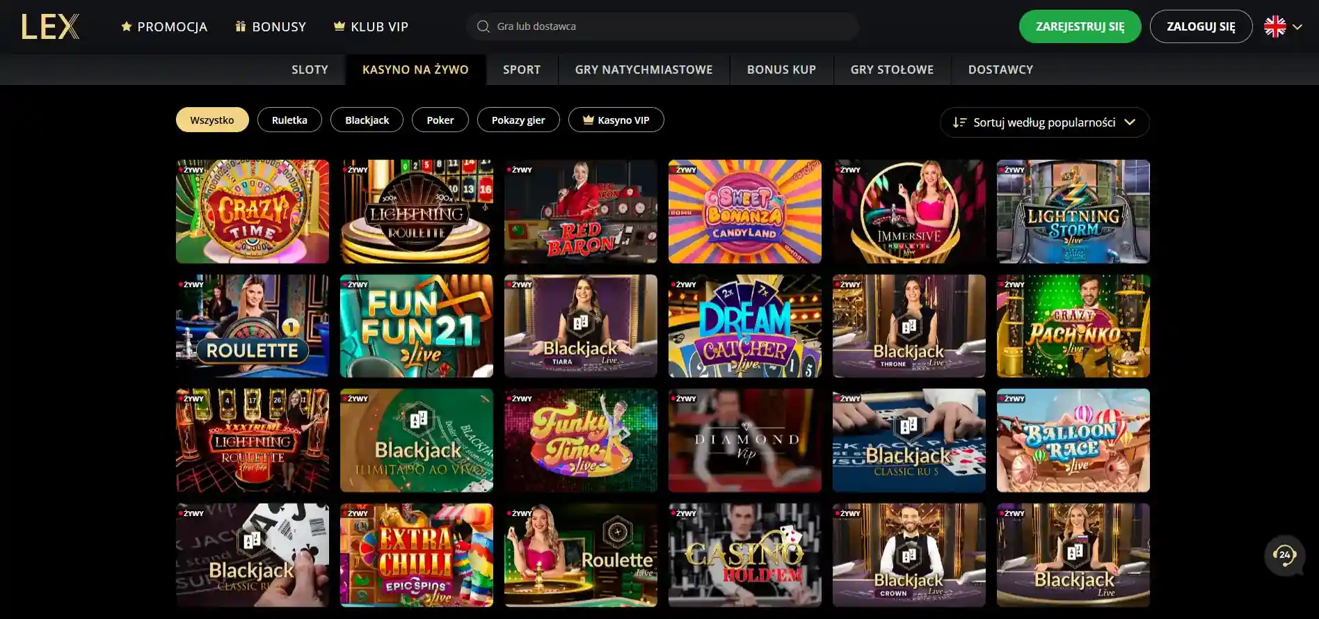 Sekcja live casino w aktualnym lobby LEX Casino