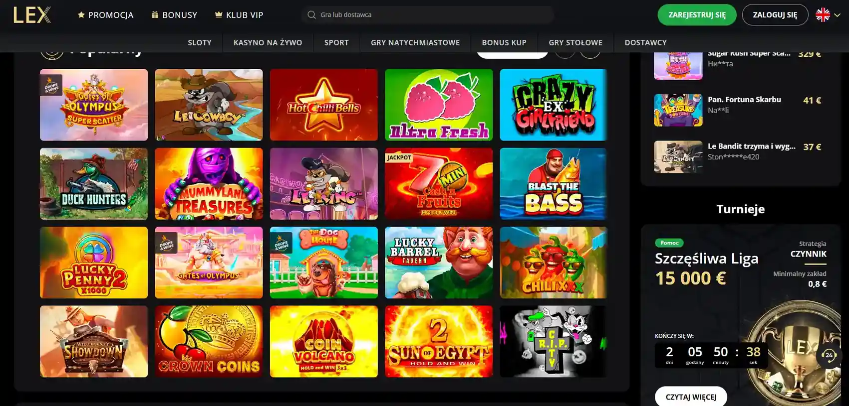 Lobby gier LEX Casino z kategoriami i dostawcami