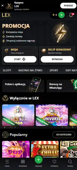 Aktualny mobilny interfejs LEX Casino