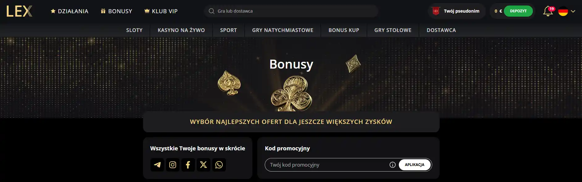 Strona bonusowa LEX Casino z aktualną promocją