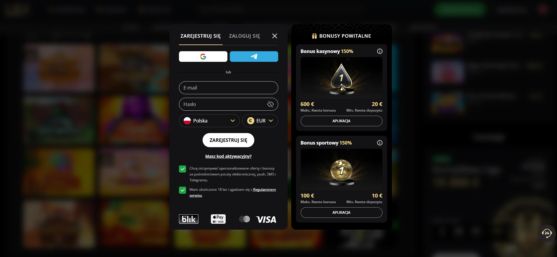 Aktualny formularz rejestracji LEX Casino