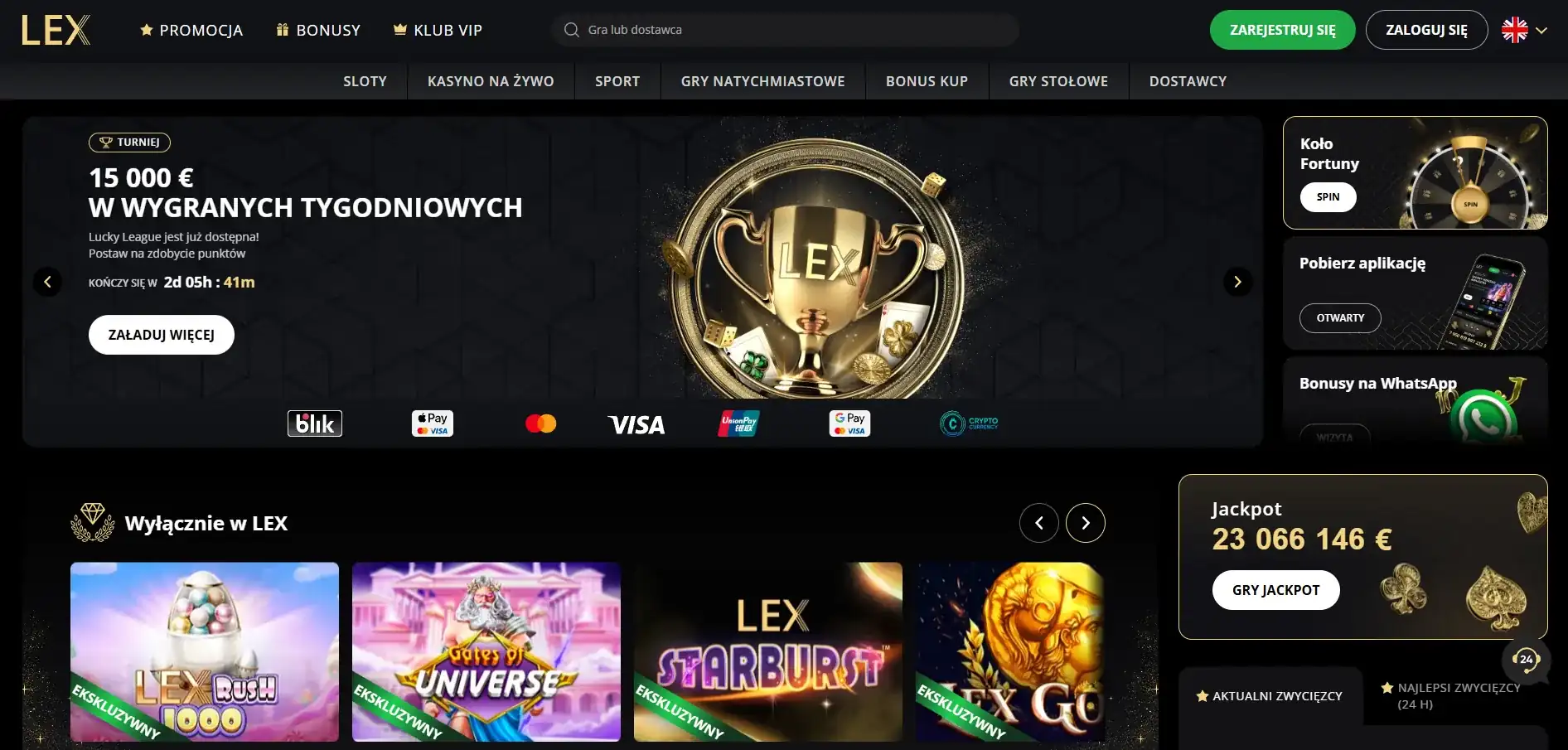 Rzeczywisty widok główny serwisu LEX Casino